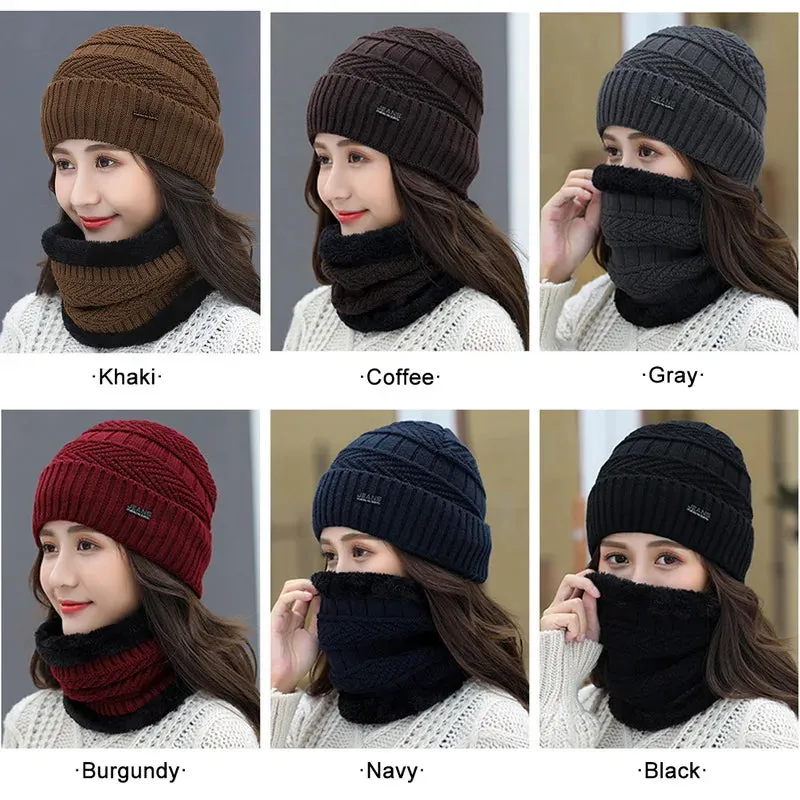 Two-Piece Set Fashion Women Knitted Hat Scarf Caps Neck Warmer Winter Hats For Men Women Skullies Beanies Warm Fleece Cap