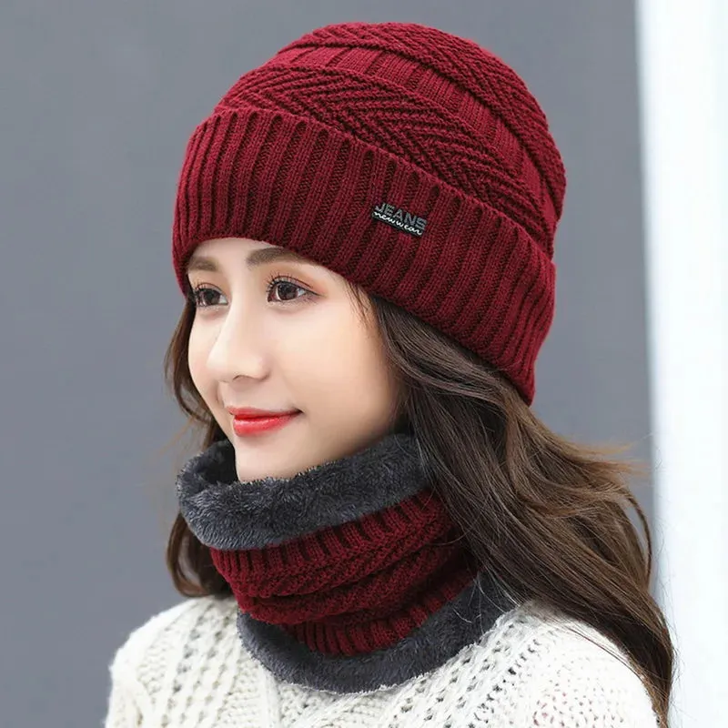 Two-Piece Set Fashion Women Knitted Hat Scarf Caps Neck Warmer Winter Hats For Men Women Skullies Beanies Warm Fleece Cap