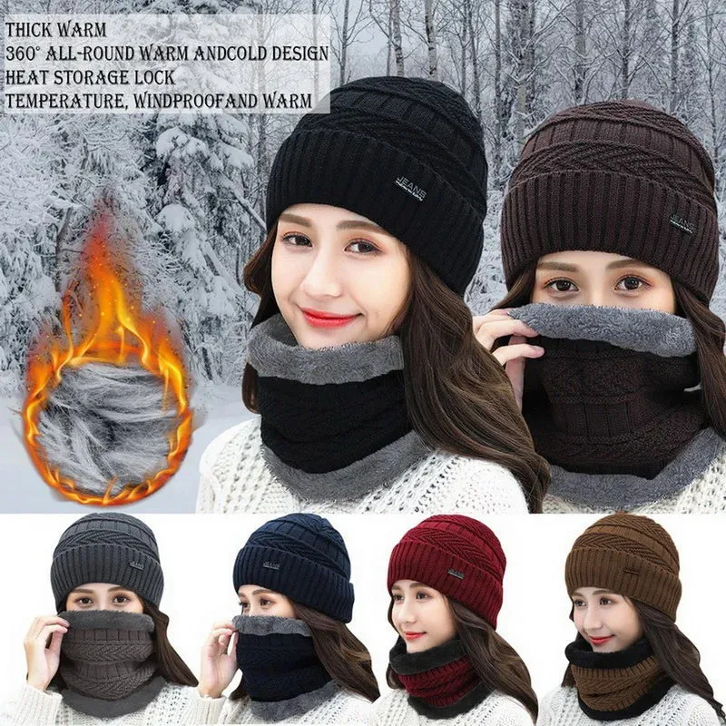 Two-Piece Set Fashion Women Knitted Hat Scarf Caps Neck Warmer Winter Hats For Men Women Skullies Beanies Warm Fleece Cap