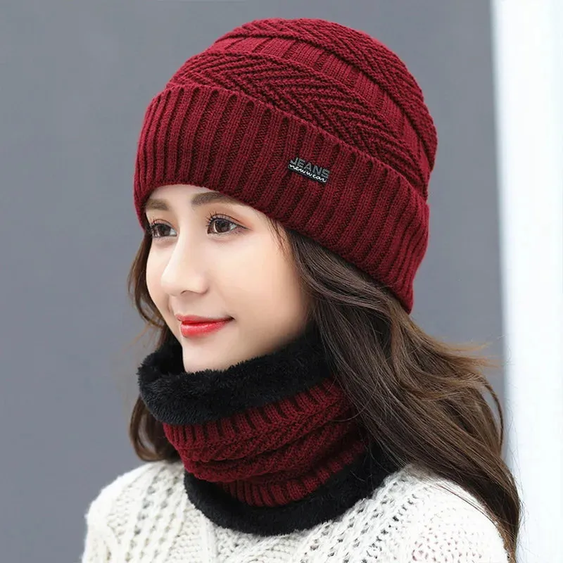 Two-Piece Set Fashion Women Knitted Hat Scarf Caps Neck Warmer Winter Hats For Men Women Skullies Beanies Warm Fleece Cap