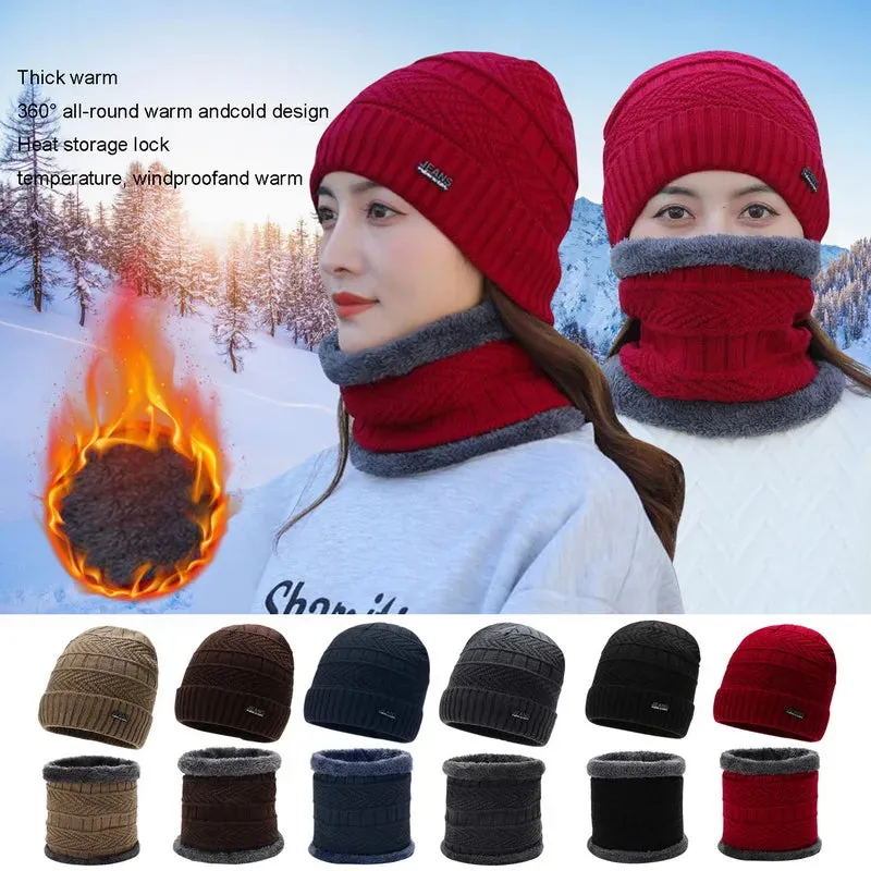 Two-Piece Set Fashion Women Knitted Hat Scarf Caps Neck Warmer Winter Hats For Men Women Skullies Beanies Warm Fleece Cap