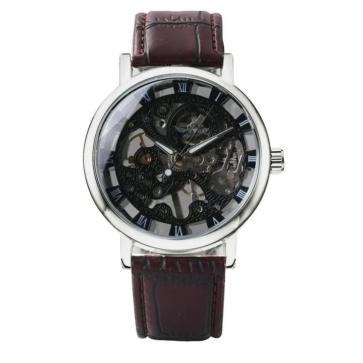 WINNER Silver Skeleton Watch for Men Mechanical Wristwatches Fashion Mens Watches Top Brand Luxury Leather Strap montre homme