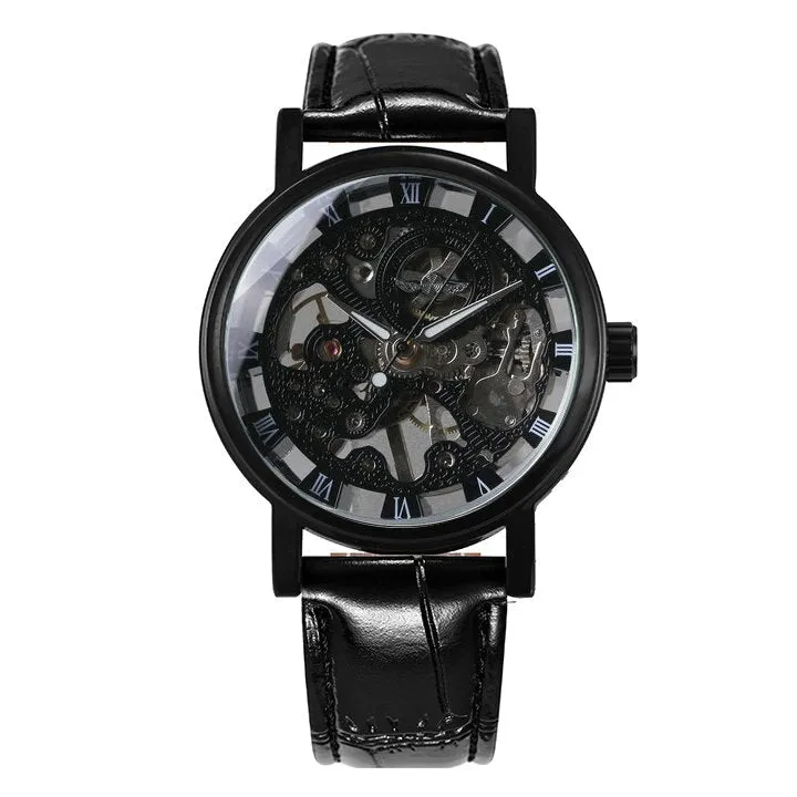 WINNER Silver Skeleton Watch for Men Mechanical Wristwatches Fashion Mens Watches Top Brand Luxury Leather Strap montre homme