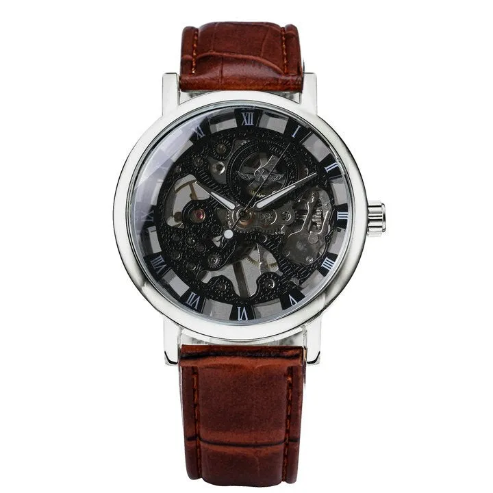 WINNER Silver Skeleton Watch for Men Mechanical Wristwatches Fashion Mens Watches Top Brand Luxury Leather Strap montre homme