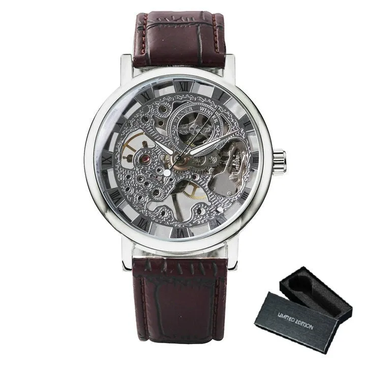 WINNER Silver Skeleton Watch for Men Mechanical Wristwatches Fashion Mens Watches Top Brand Luxury Leather Strap montre homme