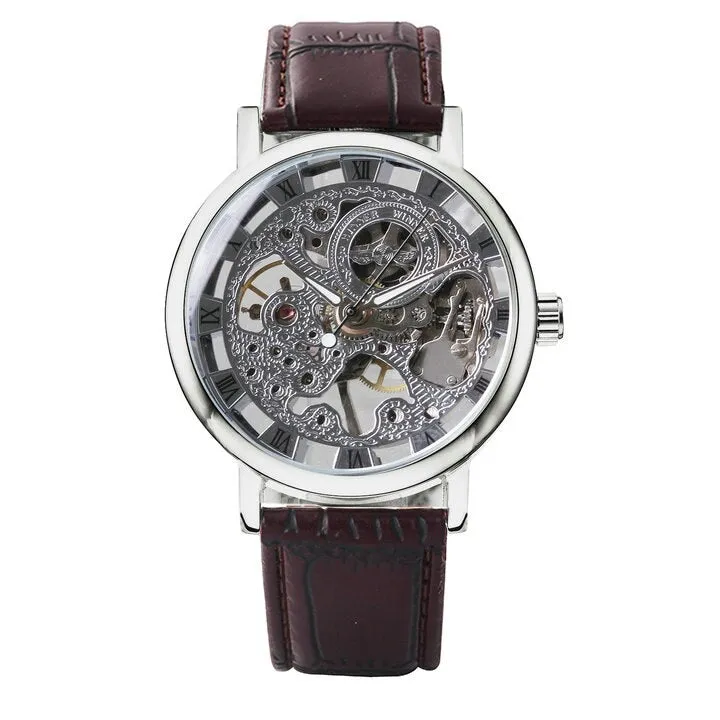 WINNER Silver Skeleton Watch for Men Mechanical Wristwatches Fashion Mens Watches Top Brand Luxury Leather Strap montre homme