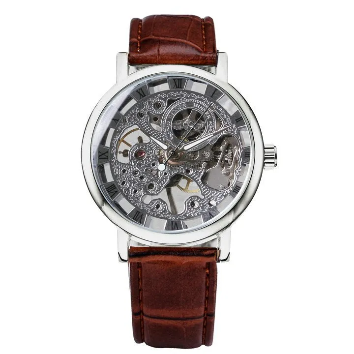 WINNER Silver Skeleton Watch for Men Mechanical Wristwatches Fashion Mens Watches Top Brand Luxury Leather Strap montre homme