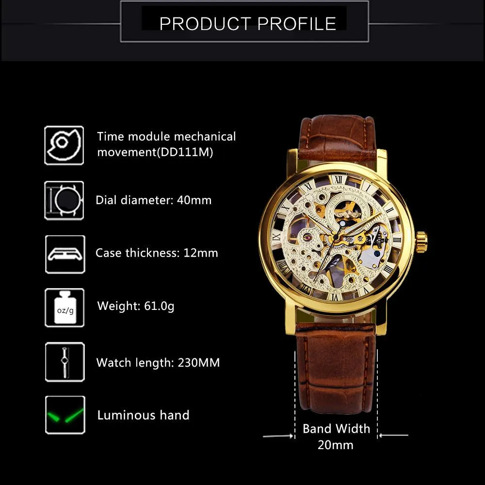 WINNER Silver Skeleton Watch for Men Mechanical Wristwatches Fashion Mens Watches Top Brand Luxury Leather Strap montre homme