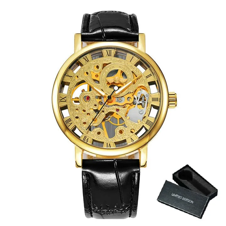 WINNER Silver Skeleton Watch for Men Mechanical Wristwatches Fashion Mens Watches Top Brand Luxury Leather Strap montre homme