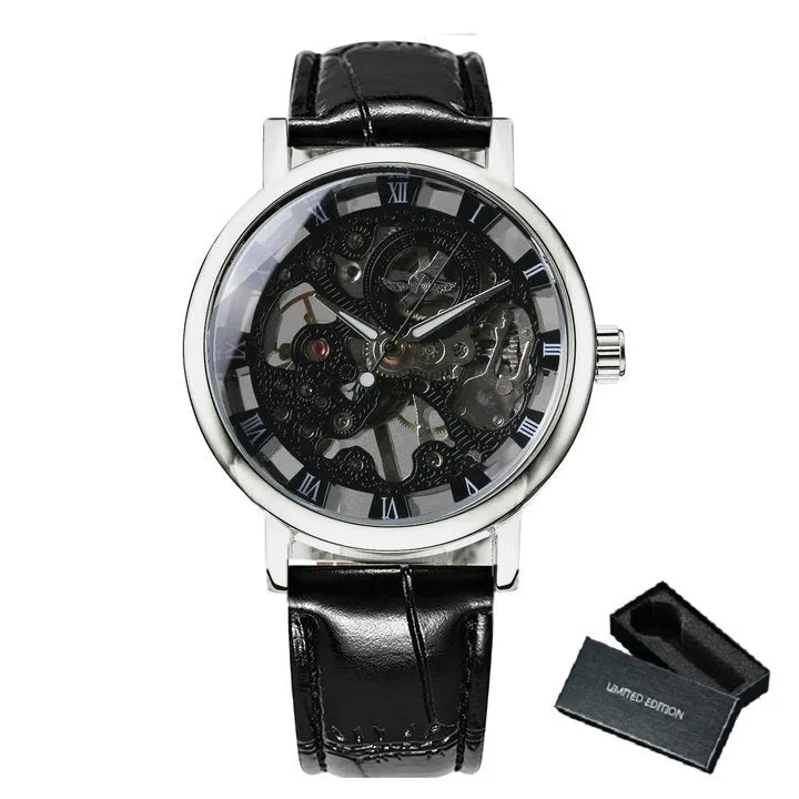 WINNER Silver Skeleton Watch for Men Mechanical Wristwatches Fashion Mens Watches Top Brand Luxury Leather Strap montre homme