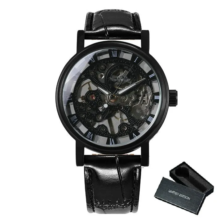 WINNER Silver Skeleton Watch for Men Mechanical Wristwatches Fashion Mens Watches Top Brand Luxury Leather Strap montre homme