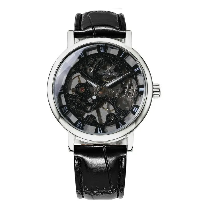 WINNER Silver Skeleton Watch for Men Mechanical Wristwatches Fashion Mens Watches Top Brand Luxury Leather Strap montre homme