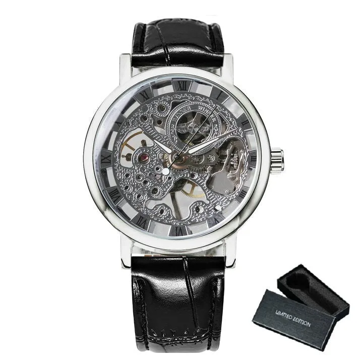 WINNER Silver Skeleton Watch for Men Mechanical Wristwatches Fashion Mens Watches Top Brand Luxury Leather Strap montre homme