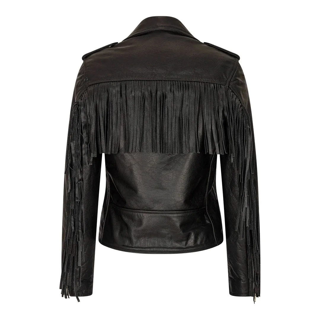 Women's Brando Tassel Fringe Cow Hide Biker Leather Jacket